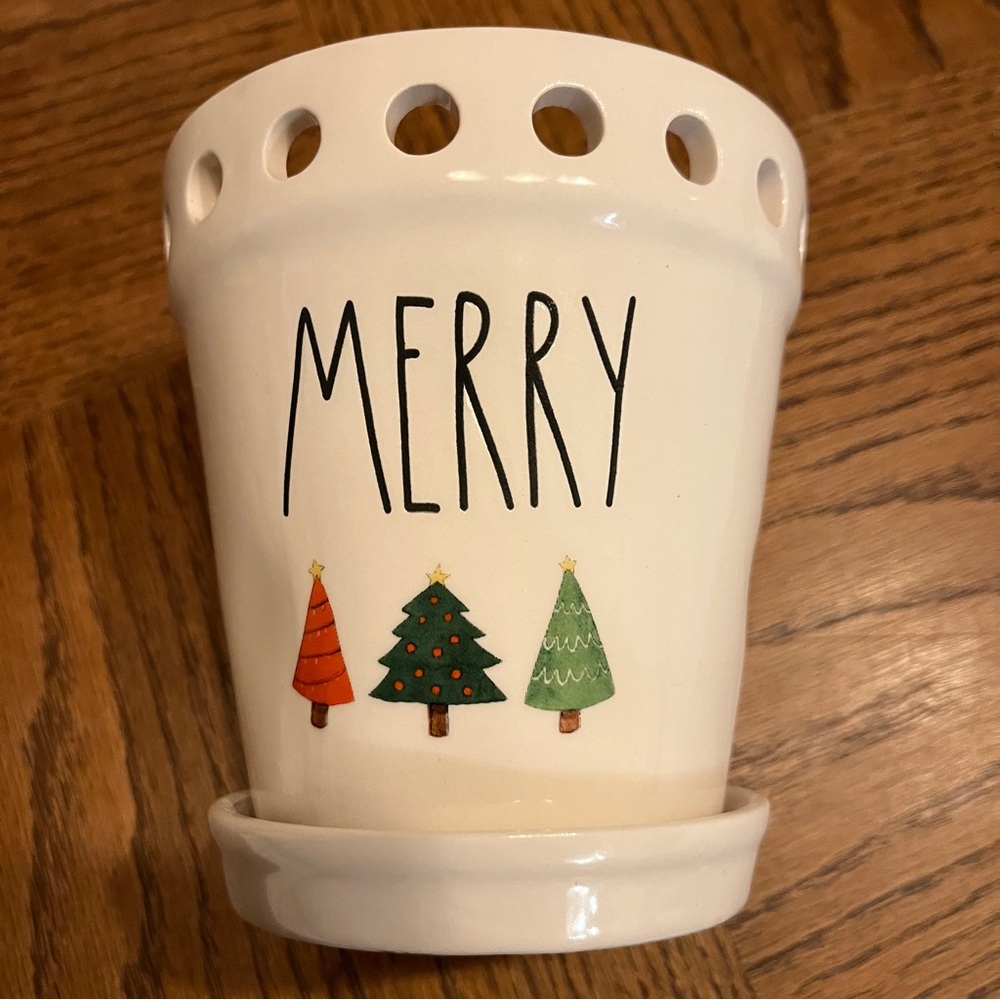 Rae Dunn Merry Christmas Tree Ceramic Orchid Planter Pot Cutout Holes Saucer